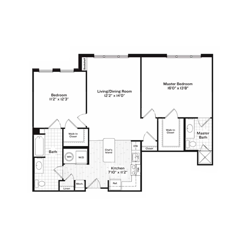 Floor plan for 2 beds, 2 baths, 1103 sqft